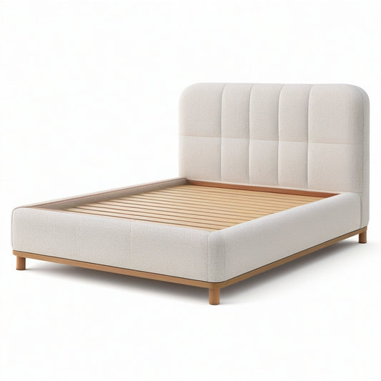Modernes Bouclé-Polsterbett in Creme und Natur, 160 × 200 cm, Gesamtmaß 215 × 175 × 110 cm, mit Holzlattenrost