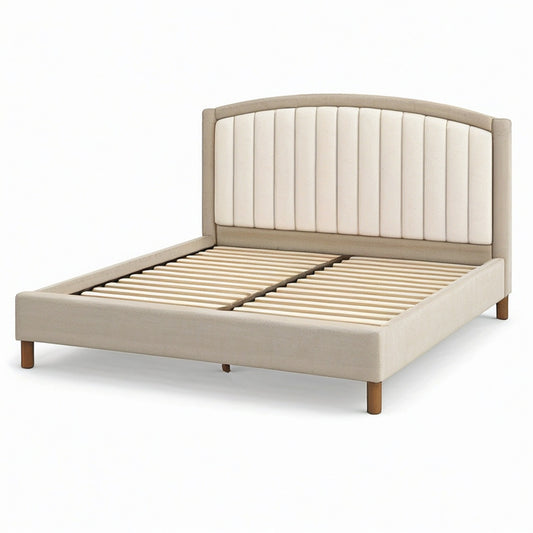 Polsterbett 160 × 200 cm in Beige und Cremeweiß mit hohem gepolstertem Kopfteil und Holzlattenrost
