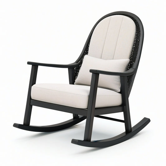 Moderner gepolsterter Schaukelstuhl aus Metall und Textilgeflecht, Schwarz/Beige, 72 × 96 × 104 cm