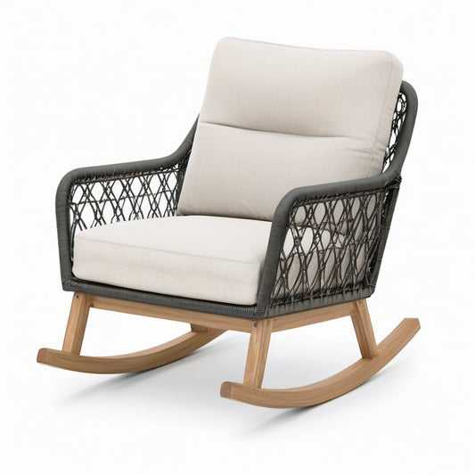 Gepolsterter Schaukelstuhl aus Polyrattan und Holz, Beige, Dunkelgrau und Naturbraun, 76 × 93 × 95 cm