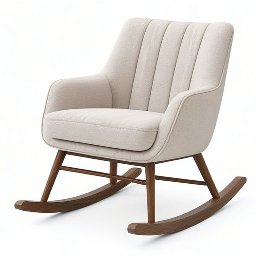 Gepolsterter Schaukelstuhl mit Armlehnen, Bouclé-Bezug in Beige, braunes Holzgestell, 76 × 94 × 97 cm