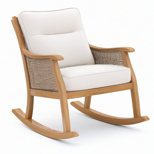 Garten-Schaukelstuhl aus Holz mit Geflecht und Polstern, Braun, Beige und Taupe, 76 × 96 × 101 cm