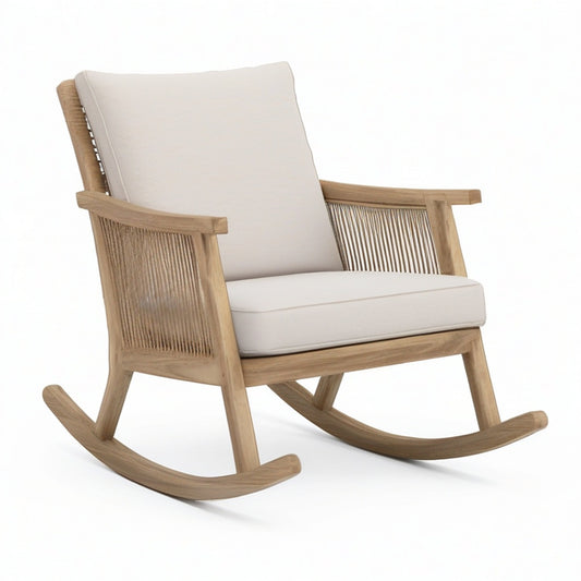Gepolsterter Schaukelstuhl aus Holz mit Seilgeflecht, Naturholz und Beige, 95 × 76 × 91 cm