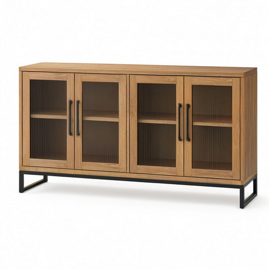 Sideboard mit 4 geriffelten Glastüren, 180 × 40 × 85 cm, Braun, Schwarz und Rauchgrau, Industrial-Stil