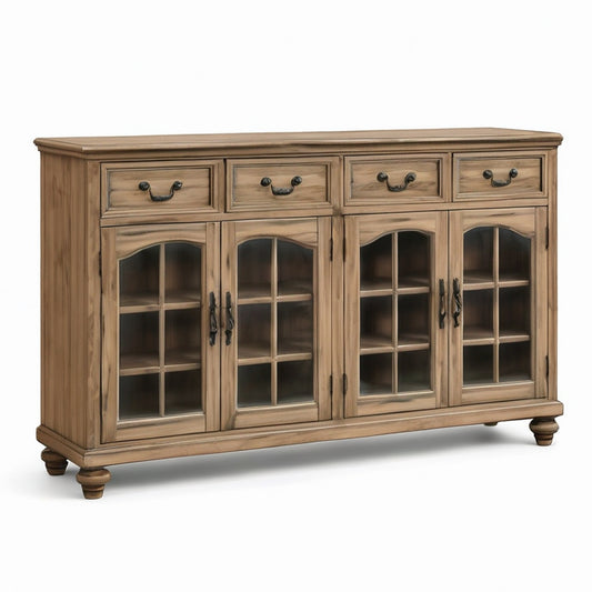 Sideboard aus Holz in Braun, 200 × 45 × 110 cm, mit 4 Schubladen und 4 Glastüren im Landhausstil
