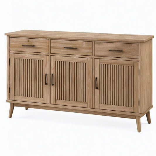 Sideboard in Eichefarben und Schwarz, 160 × 40 × 90 cm, mit 3 Türen, 3 Schubladen und Lamellenfronten