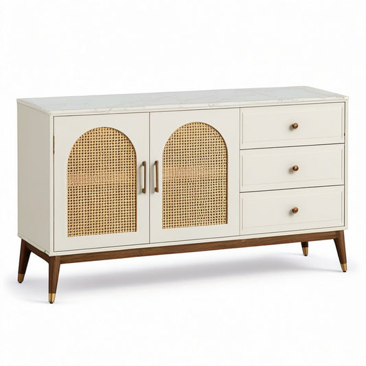 Sideboard aus Holzwerkstoff in Creme mit Rattangeflecht, 140 × 40 × 80 cm, 3 Schubladen und 2 Türen