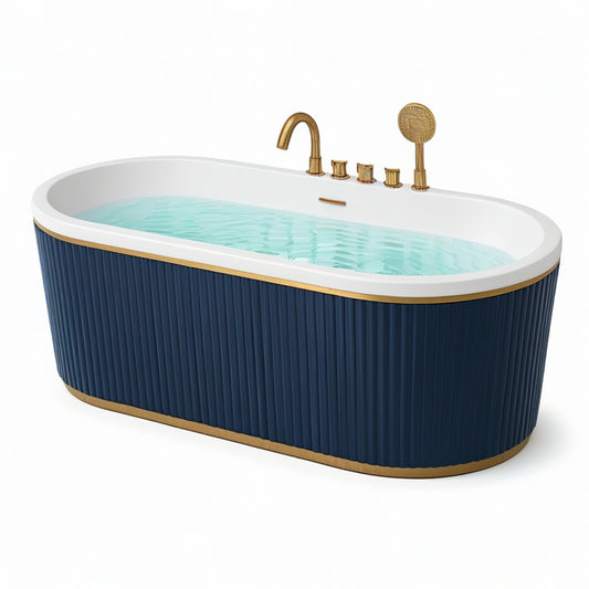 Freistehende ovale Badewanne aus Sanitäracryl, 170 × 80 × 60 cm, Dunkelblau, Weiß und Goldfarben, mit Wannenrandarmatur