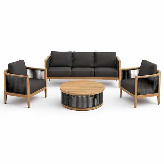 4-teilige Garten-Lounge mit Dreisitzer 193 × 80 × 76 cm, 2 Sesseln 74 × 80 × 76 cm und Tisch Ø 90 × 38 cm – Anthrazit, Naturbraun und Schwarz
