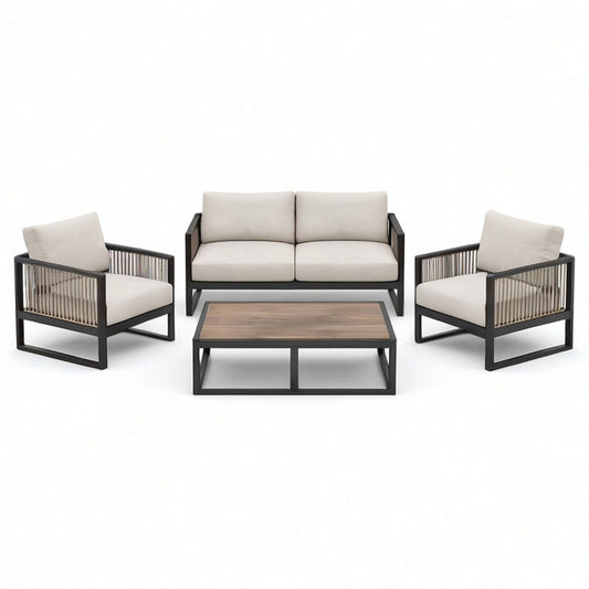 4-teilige Garten-Sitzgruppe Beige, Anthrazit und Braun – Sofa 142 × 76 × 78 cm, Sessel 72 × 76 × 78 cm, Tisch 100 × 60 × 42 cm