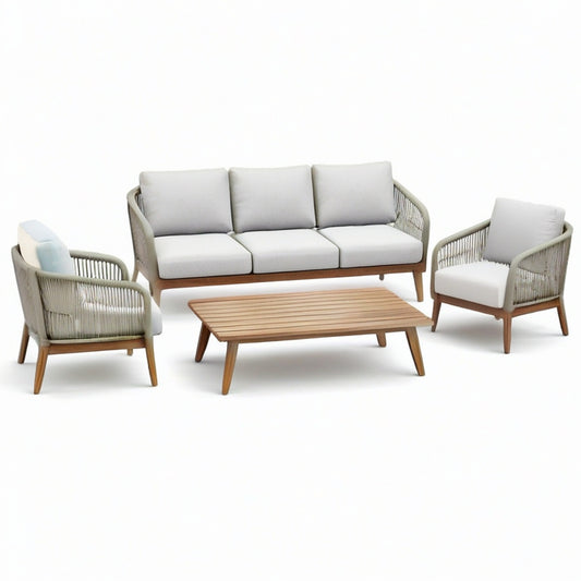 4-teiliges Gartenmöbel-Set mit 3-Sitzer-Sofa 190 × 80 × 78 cm, 2 Sesseln 75 × 80 × 78 cm und Couchtisch 110 × 60 × 38 cm, Beige/Weiß/Braun