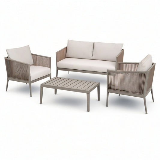 4-teiliges Garten-Lounge-Set in Taupe und Creme – Sofa 140 × 76 × 76 cm, Sessel 72 × 76 × 76 cm, Tisch 100 × 60 × 38 cm