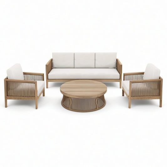 4-teiliges Gartenmöbel-Set in Natur, Cremeweiß und Taupe – Sofa 190 × 80 × 77,5 cm, 2 Sessel je 75 × 80 × 77,5 cm, Tisch Ø 90 × 38 cm