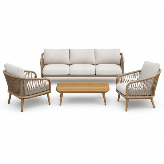 4-teiliges Gartenmöbel-Set in Beige, Creme und Braun – 3-Sitzer-Sofa 198 × 78 × 82 cm, 2 Sessel 78 × 78 × 82 cm, Tisch 105 × 60 × 38 cm