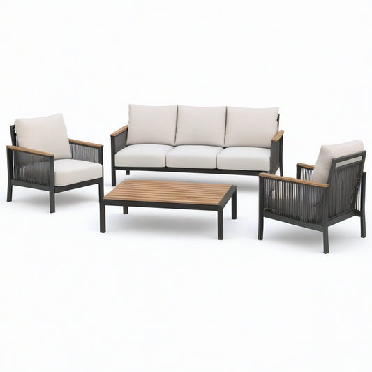 4-teiliges Gartenmöbel-Set in Anthrazit, Beige und Braun – Dreisitzer 190 × 78 × 78 cm, 2 Sessel 76 × 78 × 78 cm, Tisch 110 × 60 × 38 cm