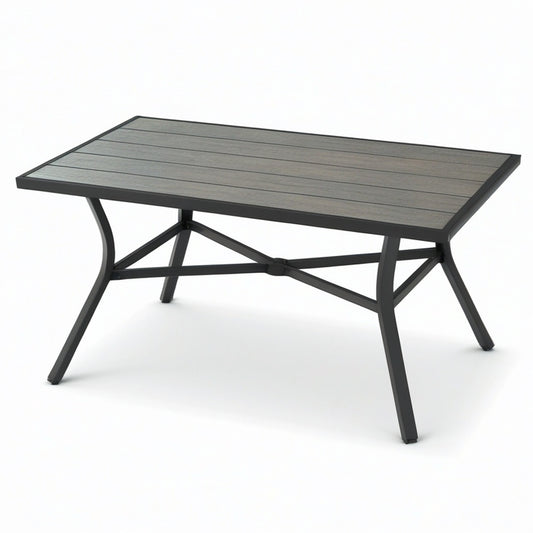 Gartentisch aus Stahl und Kunststoff in Holzoptik, 150 × 90 × 74 cm, Grau/Schwarz, rechteckig