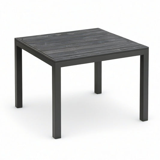 Quadratischer Gartentisch aus Metall in Anthrazit und Schwarz, 90 × 90 × 75 cm, Tischplatte in Holzoptik