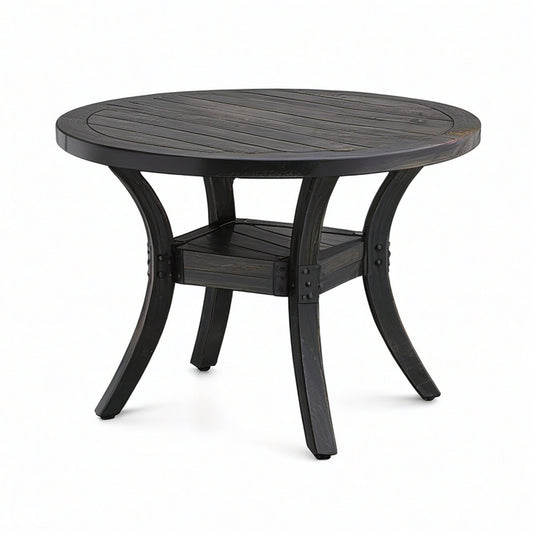 Runder Gartentisch aus Holz mit Ablage, Schwarz, Ø 100 × H 75 cm, rustikaler Landhausstil