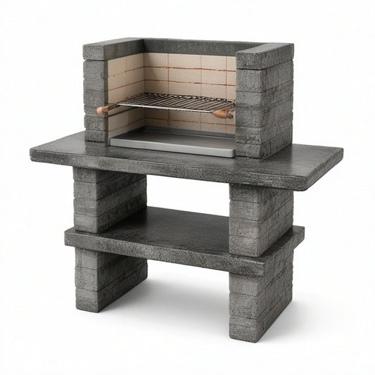 Beton-Gartengrill Anthrazit und Beige, 120 × 70 × 160 cm, mit Stahlrost und Ablageflächen