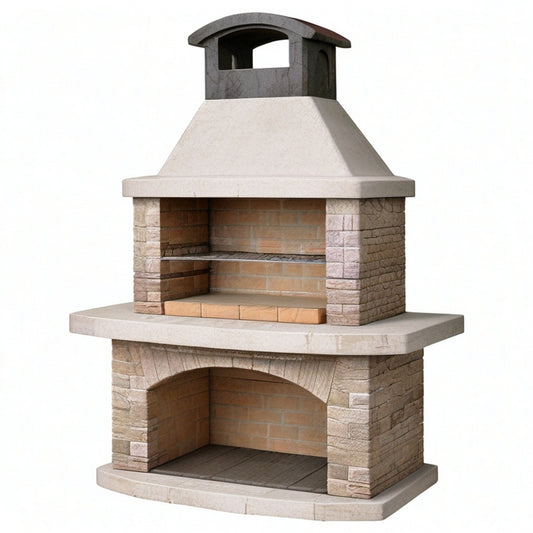 Gartengrill aus Betonwerkstein und Schamottestein, 160 × 80 × 230 cm, Beige, Braun und Anthrazit, mit Grillrost und Rauchabzug