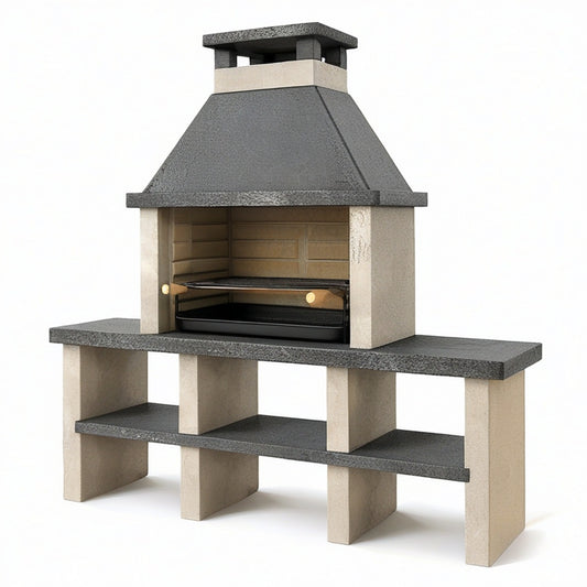 Grillkamin aus Beton in Grau und Beige, 190 × 60 × 220 cm, mit Grillrost, Auffangschale und Ablagen
