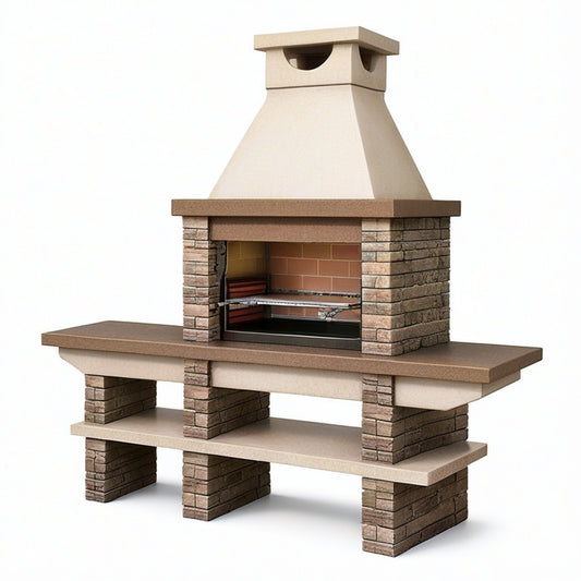 Grillkamin aus Betonwerkstein in Beige, Braun und Schwarz, 220 × 70 × 235 cm, mit höhenverstellbarem Grillrost, Arbeitsflächen und Ablage