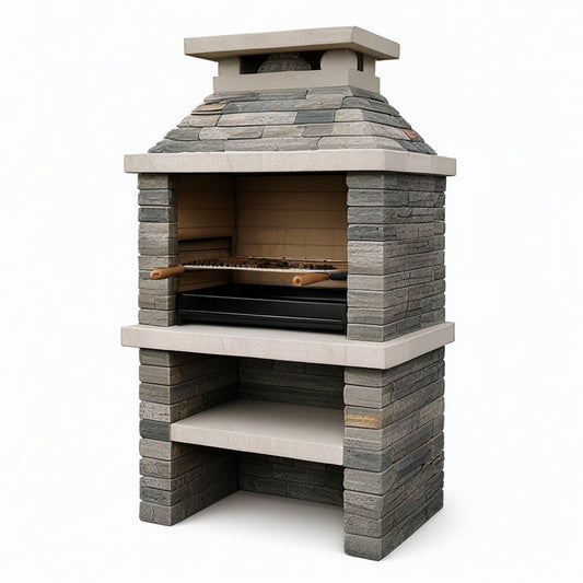 Rustikaler Grillkamin aus Betonwerkstein mit Metallrost, Grau/Beige/Schwarz/Braun, 110 × 65 × 220 cm