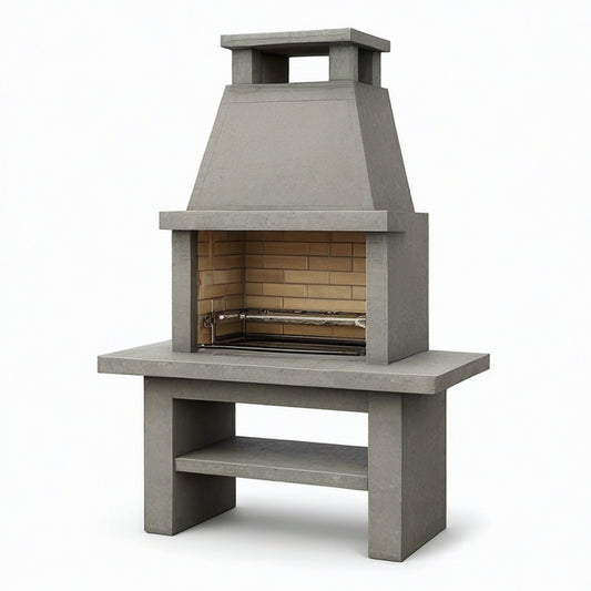 Freistehender Betongrill mit Kaminhaube, Grillrost und Ablage, Grau/Braun/Silber, 120 × 70 × 220 cm