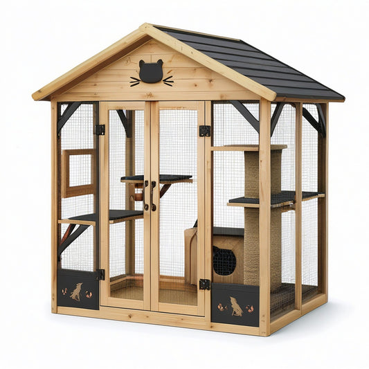 Katzengehege aus Holz und Metall mit Kletterelementen, 180 × 120 × 200 cm, Naturfarben/Schwarz