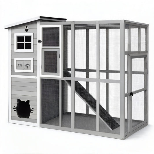 Katzengehege aus Holz und Stahldraht mit Rückzugsraum und Rampe, 255 × 95 × 188 cm, Grau/Weiß/Schwarz