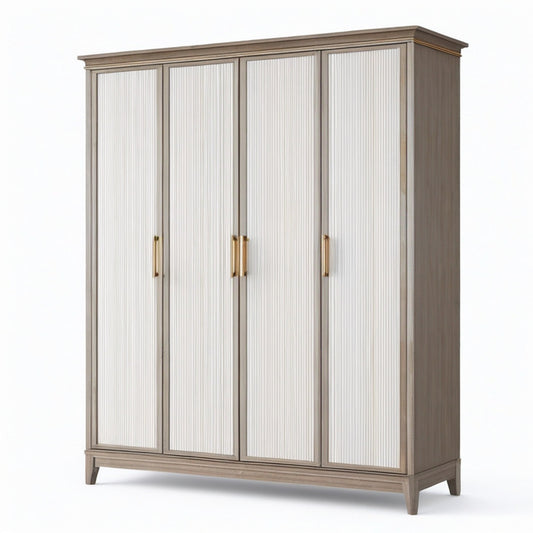 Kleiderschrank mit 4 Türen, 200 × 60 × 220 cm, Grau/Weiß/Gold, geriffelte Fronten, klassisches Design