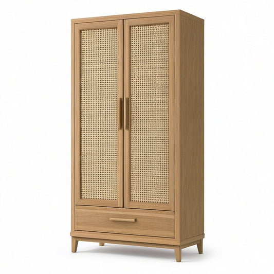 Holzschrank mit Rattangeflecht, Natur/Beige, 90 × 45 × 180 cm, 2 Türen und 1 Schublade