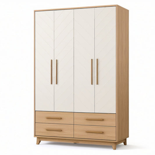 Kleiderschrank mit 4 Türen und 4 Schubladen, 120 × 52 × 190 cm, Eichefarben/Weiß