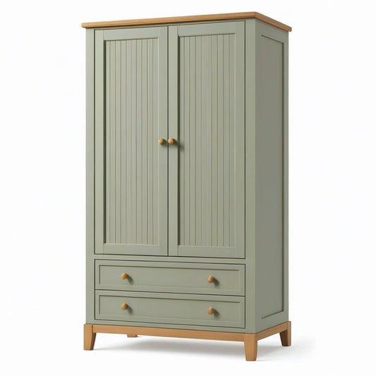 Kleiderschrank aus Holz, Salbeigrün und Natur, 100 × 55 × 190 cm, mit 2 Türen und 2 Schubladen