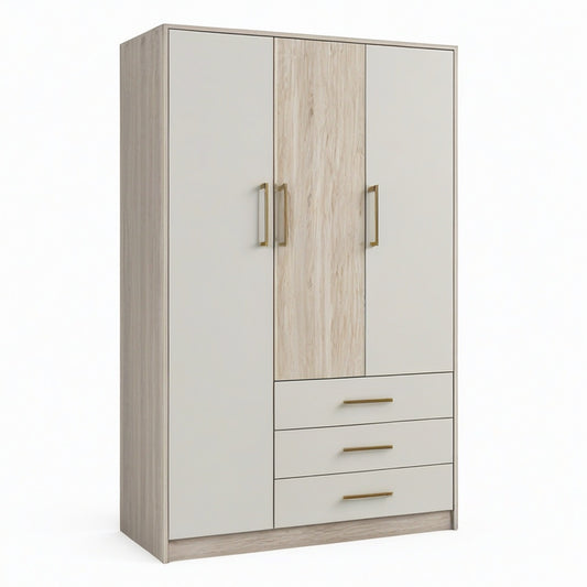 Moderner Kleiderschrank mit 3 Türen und 3 Schubladen, 120 × 52 × 190 cm, Beige, Hellbraun und Goldfarben