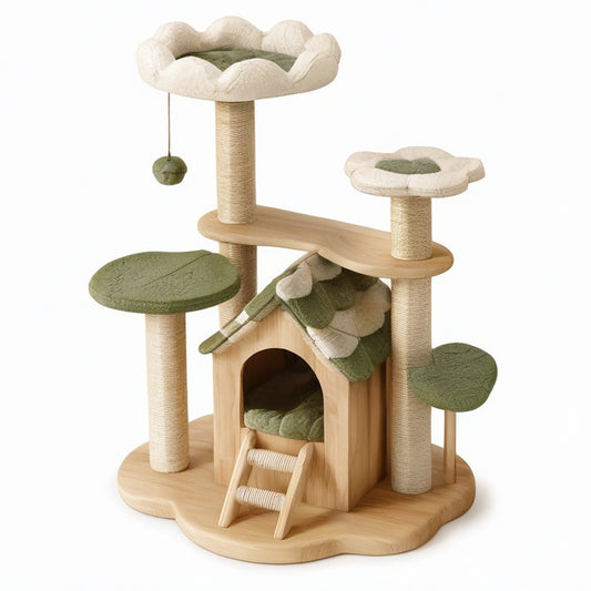 Mehrstufiger Katzenkratzbaum aus Holz und Sisal mit Katzenhaus und Liegeflächen, Beige, Grün und Hellbraun, 100 × 60 × 130 cm
