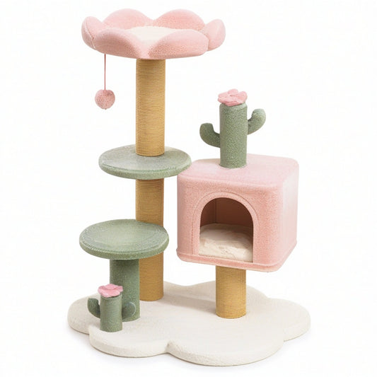 Kratzbaum mit Katzenhöhle und Liegeflächen, 60 × 50 × 112 cm, Rosa, Grün, Creme und Beige