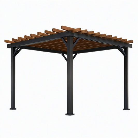 Pergola 300 × 300 × 250 cm mit Stahlrahmen und offenem Holzlamellendach, Schwarz/Braun