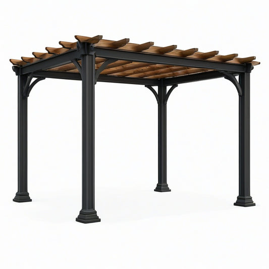Freistehende Pergola aus Metall und Holz mit offenem Lamellendach, 300 × 300 × 250 cm, Schwarz und Braun