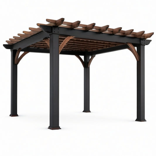 Freistehende Gartenpergola aus Metall und Holz, Schwarz/Braun, 400 x 300 x 250 cm, mit offenem Lamellendach