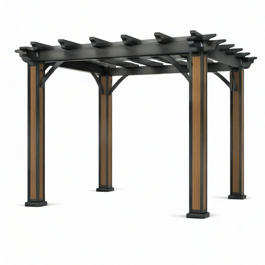 Freistehende Metallpergola mit Holzdekor, 305 × 305 × 244 cm, Braun und Schwarz